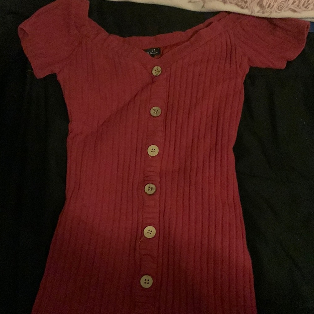 Red rue21 dress for kids. It has wooden buttons going to the bottom.